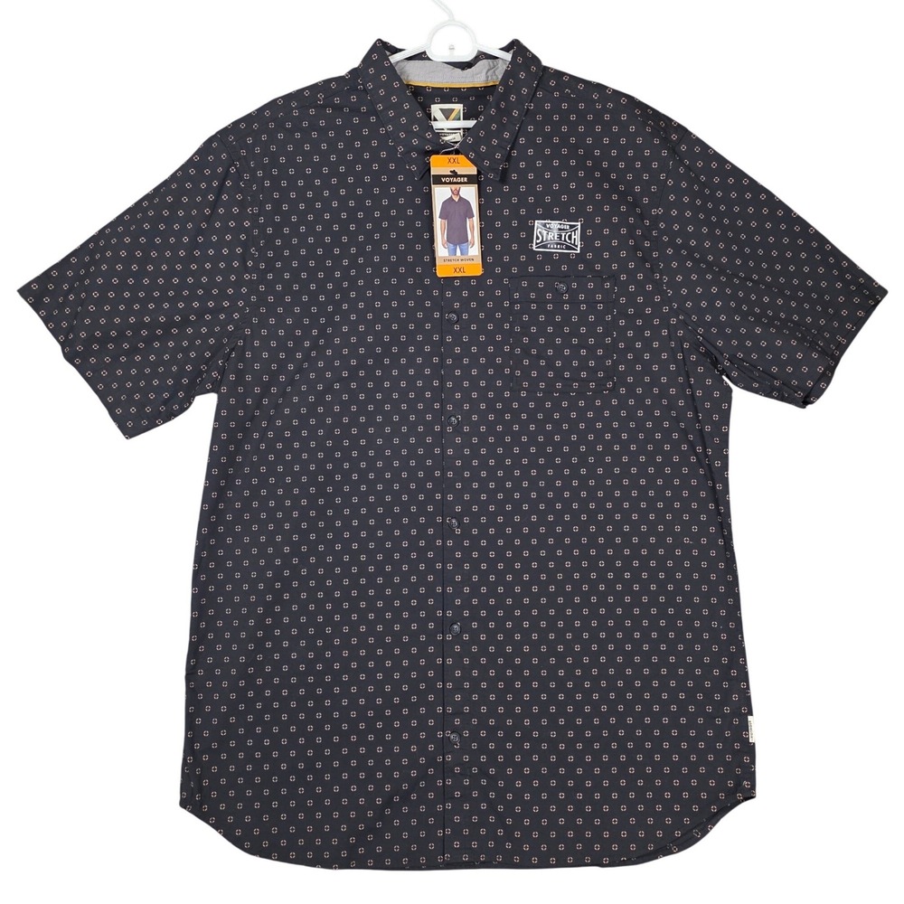 Voyager Short Sleeve‎ Button-Up Stretch Shirt Black Beige Geometric 2XL